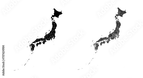 Set of isolated Japan maps with regions. Isolated borders, departments, municipalities.