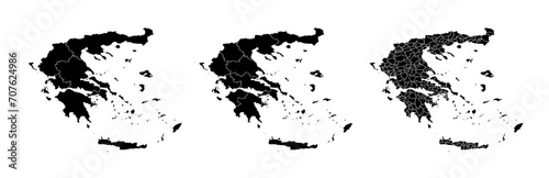 Set of isolated Greece maps with regions. Isolated borders  departments  municipalities.