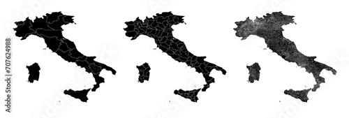 Set of isolated Italy maps with regions. Isolated borders, departments, municipalities.