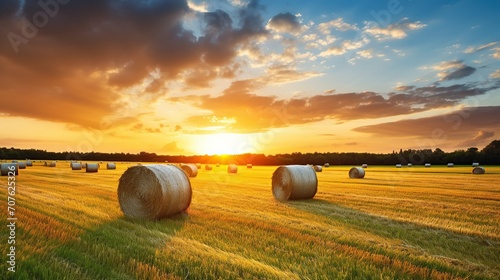 large rolls of hay in the field after harvest. rural landscape with rolled hay in ripe wheat field.sunset,sunrise background photo