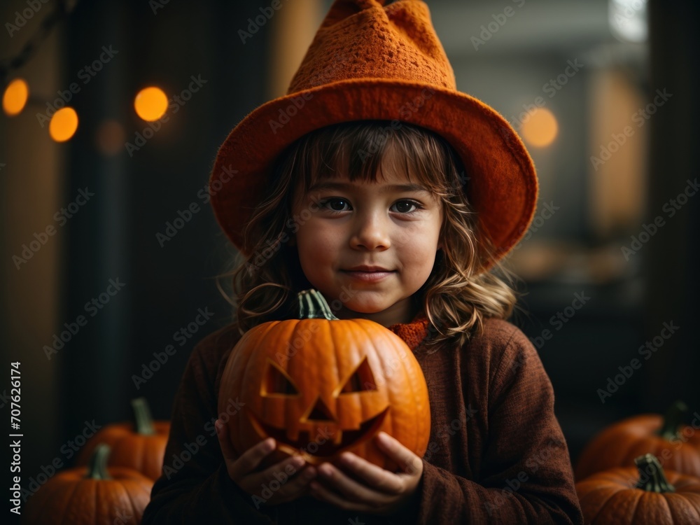 cute child holding a halloween pumpkin over their face. Generative AI cute child holding a halloween pumpkin over their face. Generative AI