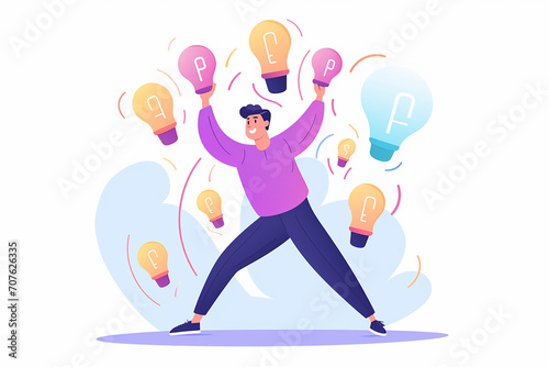 The happy smart person finding solution, having a brilliant idea, lightbulb. Business concept of insight, creative thought, inspiration. Flat graphic vector illustration isolated on a white background