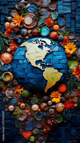 Globe surrounded by abundance of natural elements  artifacts  on background of dark blue mosaic tiles. a wealth of natural resources. The friendship of the peoples of the world. Global world problems