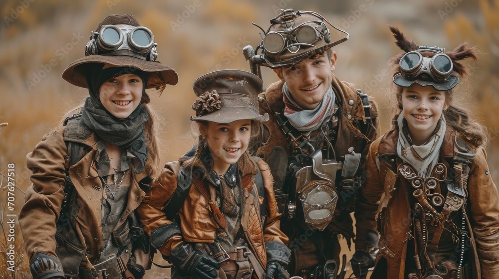 Photo concept of a family of post-apocalypse survivors in steampunk fashion, smiling and conveying hope for the future Generative AI