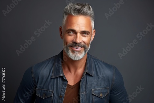 Handsome mature man with grey hair and beard smiling at camera. photo