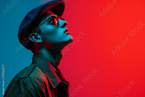 Young man in studio fashion trendy photography color background minimalistic