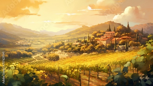 Picturesque vineyards under golden sunlight. aquarelle Generative AI