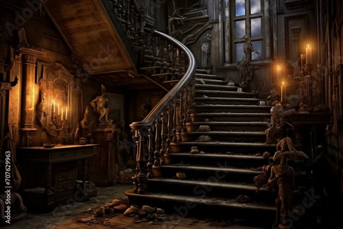 A historic haunted residence with a staircase leading to unknown realms. Generative AI