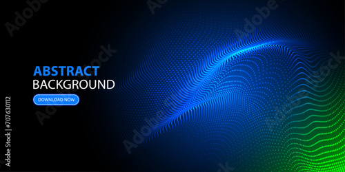 Flowing dot particles wave pattern blue and green. Smooth dot and particle wave, big data technology background with glowing dots. Vector.