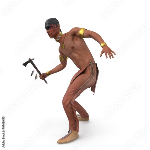 Native American Iroquois Holding a Tomahawk. Has a war paint. 3D rendering
