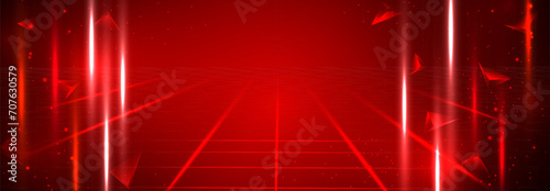 Abstract futuristic red 3d space technology background with flying red polygons and light effect.Sci fi futuristic red lights tunnel corridor. Red stage background. High tech lines, cyberspace. Vector