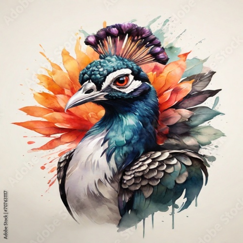 Discover an extraordinary watercolor logo presenting a powerful peacock face in vibrant colors. The design catches the eye against a monochrome background, providing a visually captivating impact