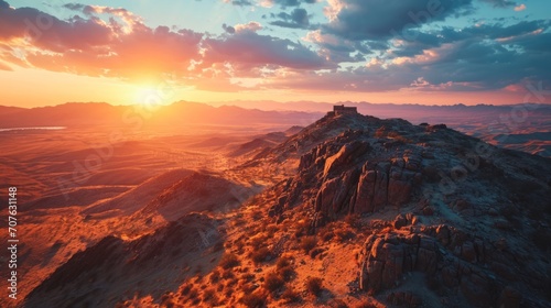 Pyramid complex  drone s perspective  vibrant sunset hues  vast desert vista  photorealistic twilight scene Generative AI