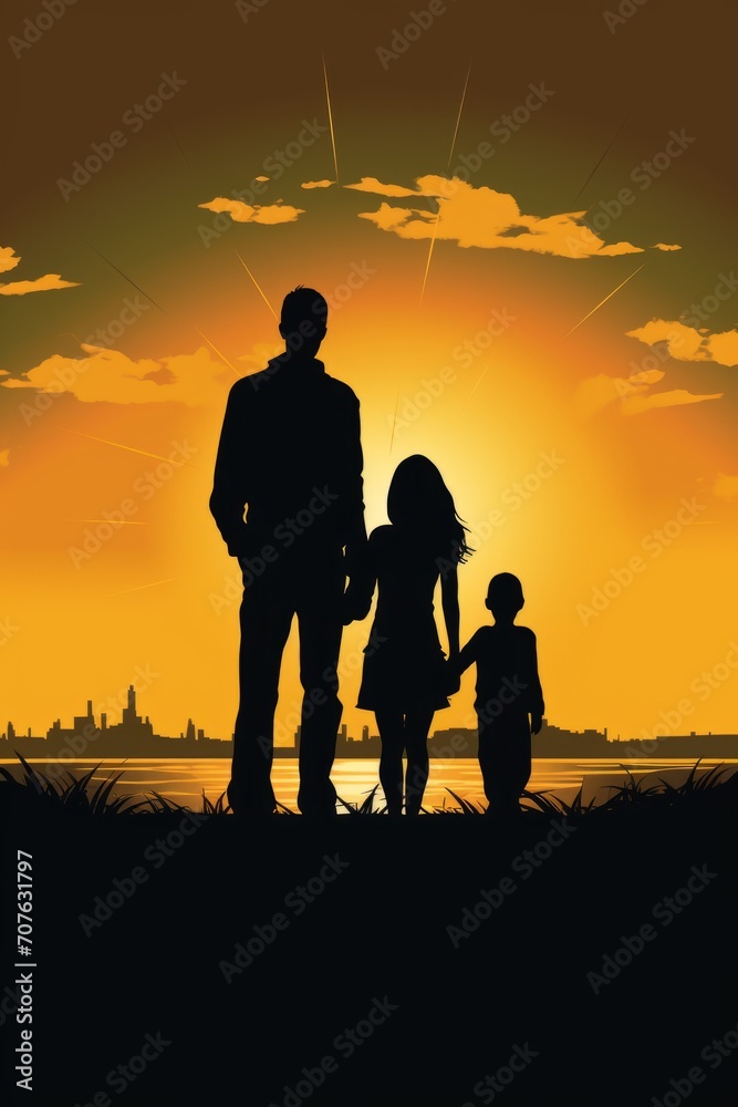 Happy Family and Sky Friends. Sunset Silhouette Fun