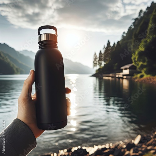 
A reusable thermal water bottle in black, set against the backdrop of a lake an outdoor-themed concept. photo