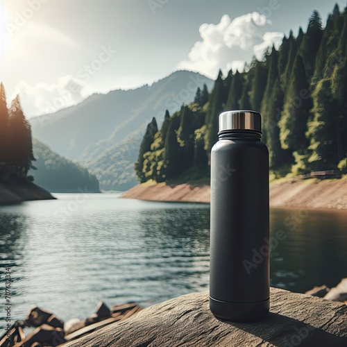 
A reusable thermal water bottle in black, set against the backdrop of a lake an outdoor-themed concept. photo