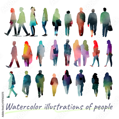 優しい色彩の人々の水彩イラストセット