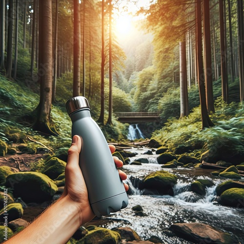 
A reusable thermal water bottle in black, set against the backdrop of a lake an outdoor-themed concept. photo