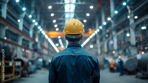 A worker in a hard hat stands facing a busy factory floor.