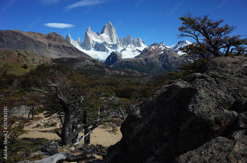 View of Fitz Roy mountain in Patagonia in Los Glaciares National Park in southern Argentina