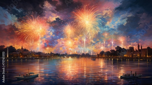 Realistic oil painting capturing the explosive energy and colors of a fireworks show. Generative AI © vadosloginov
