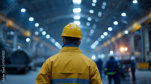 Safety officer in a yellow hard hat supervising a manufacturing facility.