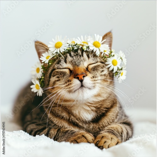 tabby shorthair cat wearing beautiful flower crown on head with closed eyes