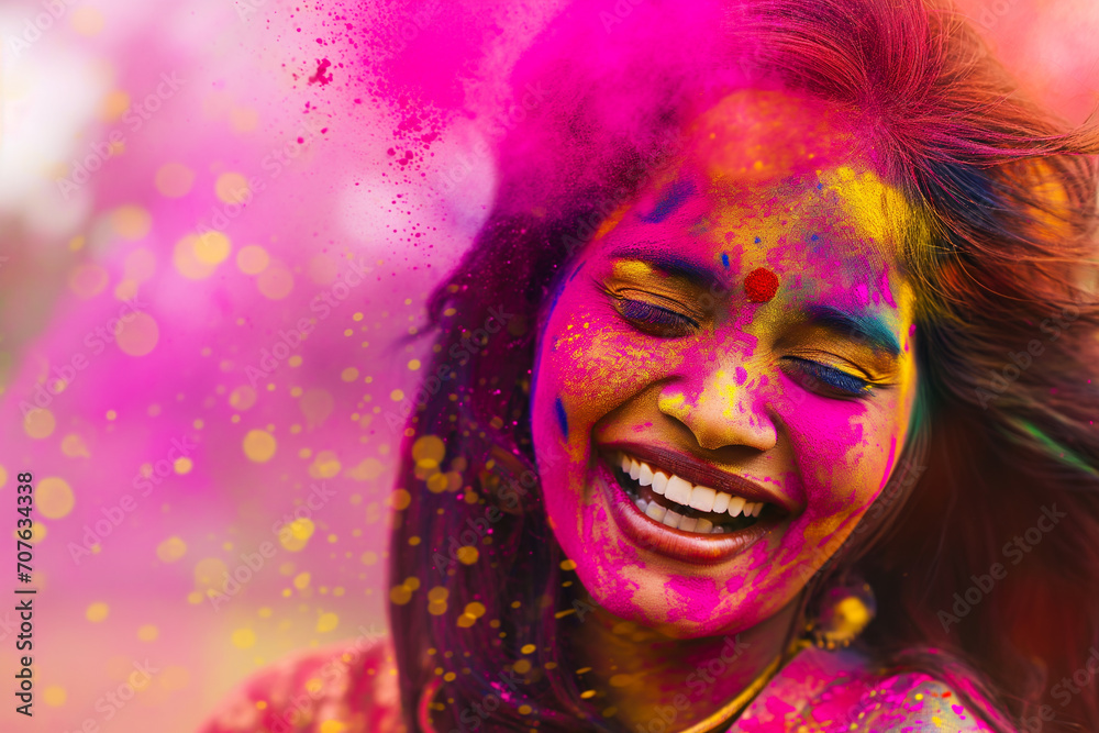Cheerful Indian woman covered with colorful powder paint celebrates Holy at Holy festival in India