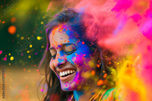 Cheerful Indian woman covered with colorful powder paint celebrates Holy at Holy festival in India
