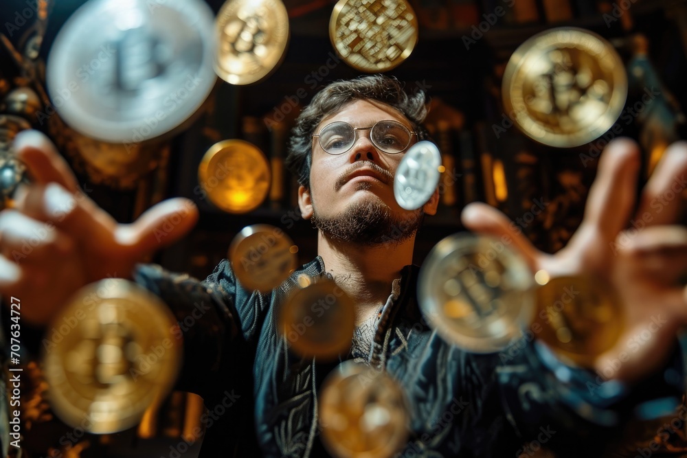 A conceptual image of a person juggling multiple cryptocurrencies, with a focused and determined expression