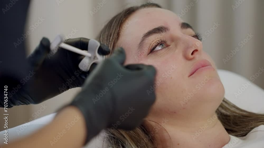 Botox injection treatment. needle sticking in cheek of girl. Face woman getting beauty injection in a cosmetic clinic. Close-up cosmetologist doing botox injection Botox injection treatment. needle sticking in cheek of girl. Face woman getting beauty injection in a cosmetic clinic. Close-up cosmetologist doing botox injection