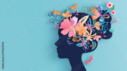 Happy Women's Day holiday illustration. Paper cut silhouette of a girl's head with spring and floral doodles