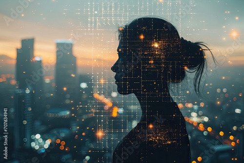 A conceptual image of a woman's silhouette filled with a matrix of cryptocurrency symbols, against a cityscape