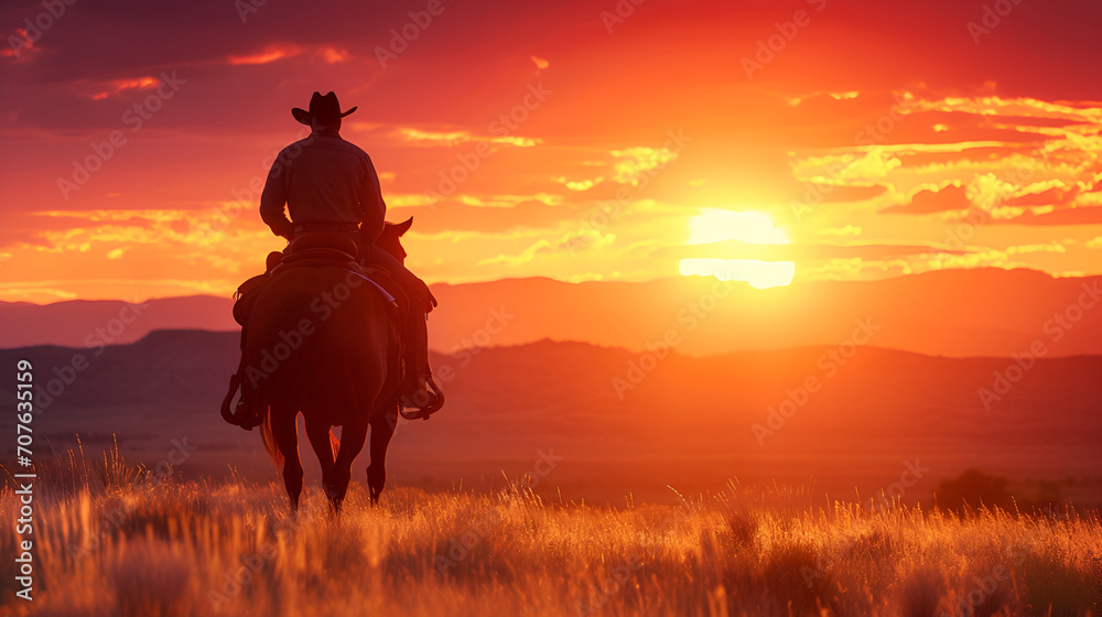 Rider In Sunset, American Man Looking At Sun on hills, Generative Ai