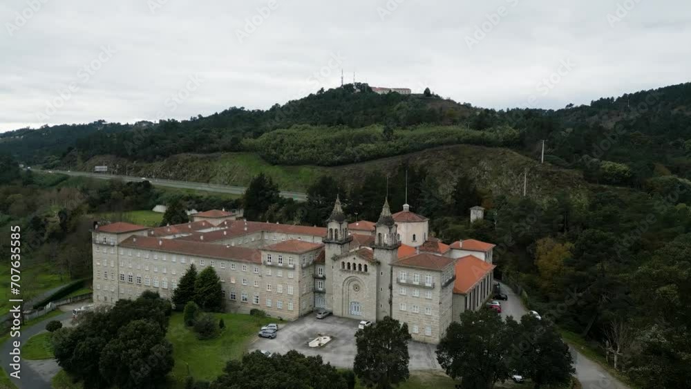 Drone dolly to front entrance of Catholic seminary religious school in Ourense Drone dolly to front entrance of Catholic seminary religious school in Ourense
