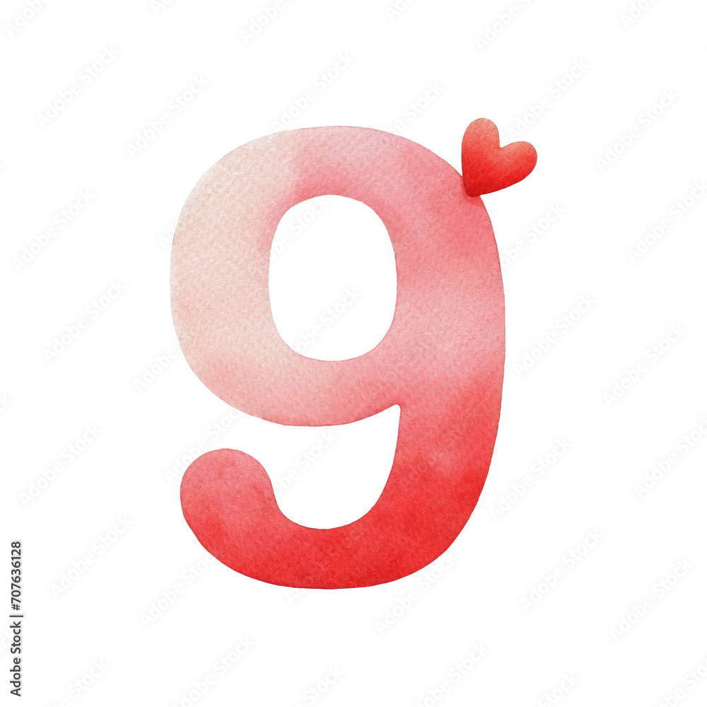 Watercolor English Number 9 with Heart Valentine Theme Watercolor English Number 9 with Heart Valentine Theme