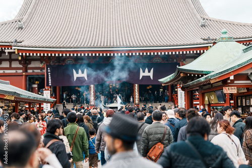 Sensoji or Asakusa Kannon Temple is a Buddhist temple located in Asakusa. It is one of Tokyo most colorful and popular temple. Landmark for tourist attraction.  photo
