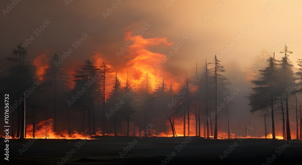 Trees in the forest burning in a massive wildfire Trees in the forest burning in a massive wildfire