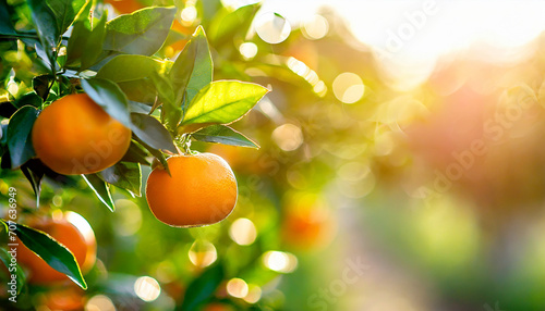 Citrus branches with organic ripe fresh oranges tangerines growing on branches with green leave background photo
