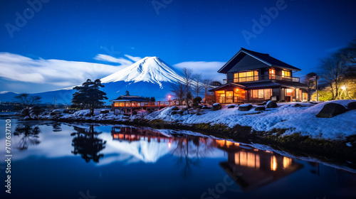 Nestled by the riverside, a Japanese-style home stands with the iconic Mount Fuji in the background, surrounded by a plethora of stars, creating a mesmerizing nocturnal scene