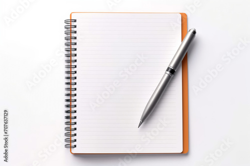 Top View of a White Background with a Notebook and Pen - Minimalist Style, Tailored for Business, Office Work, or the Serenity of Working from Home