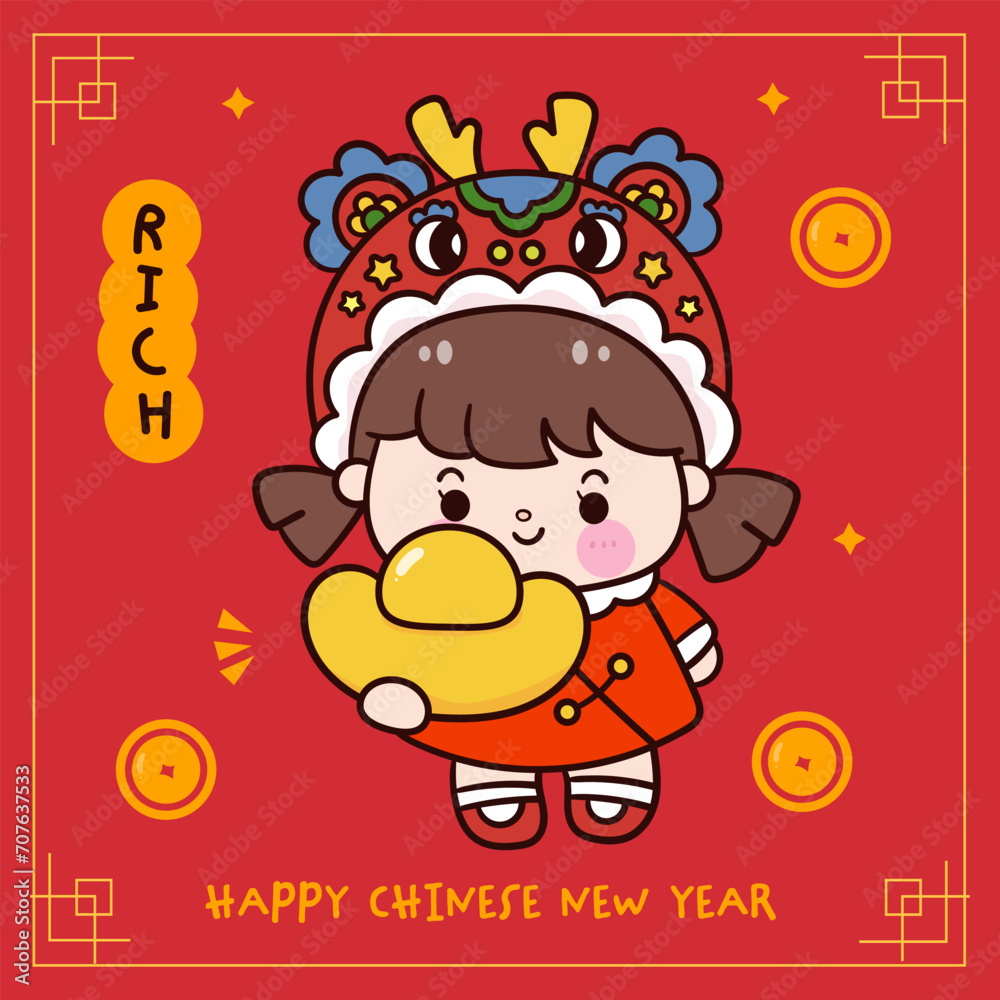 cute girl Chinese New Year Dragon with gold greeting card. Series: Zodiac vector 2024 Wish you rich and wealth cute girl Chinese New Year Dragon with gold greeting card. Series: Zodiac vector 2024 Wish you rich and wealth