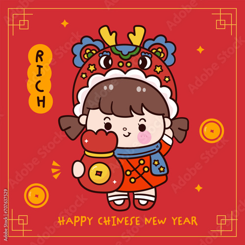cute girl Chinese New Year Dragon with money bag greeting card. Series: Zodiac vector 2024 Wish you rich and wealth