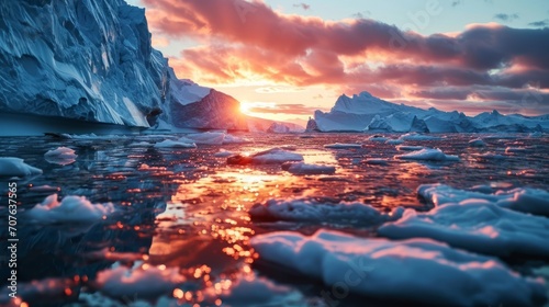 Sun-kissed ice shelves, ethereal glow, seals basking, reflective waters, hyper-detailed Antarctic sunset Generative AI