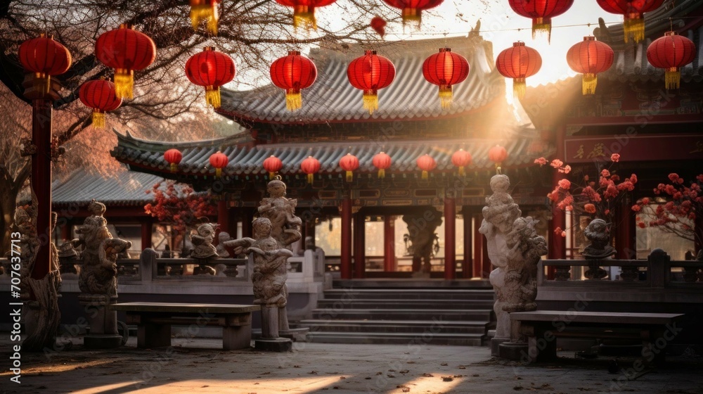 Obraz premium A tranquil Chinese New Year temple adorned with red lanterns
