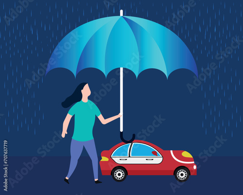 Businesswomen standing with umbrella under thunderstorm protecting car