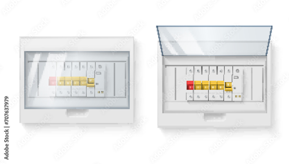 Fuse box electrical power switch control panel with open and closed door set realistic vector Fuse box electrical power switch control panel with open and closed door set realistic vector