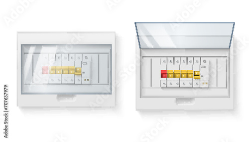 Fuse box electrical power switch control panel with open and closed door set realistic vector