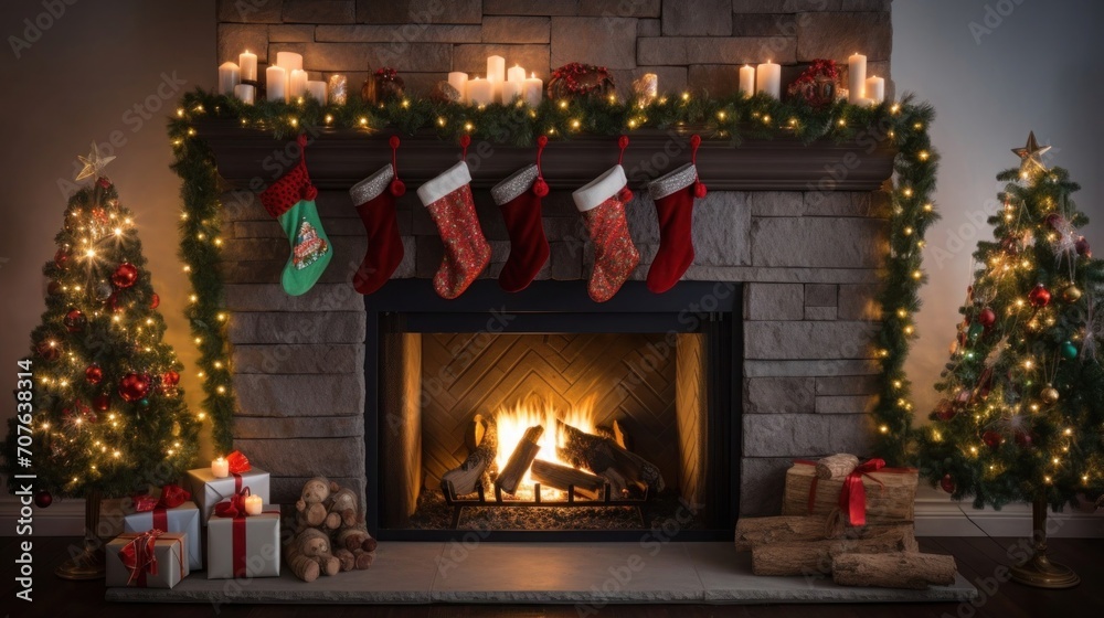 fireplace mantel decorated with stockings, garlands, and twinkling lights