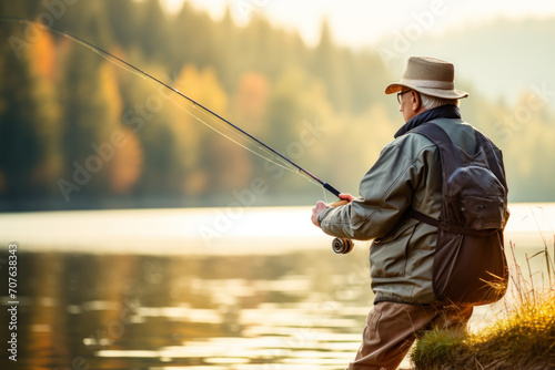 Senior man fishing outside in evening on lake in summer, enjoy spending time in nature, want to catch a fish, alone, side view portrait of nice caucasian elderly male
